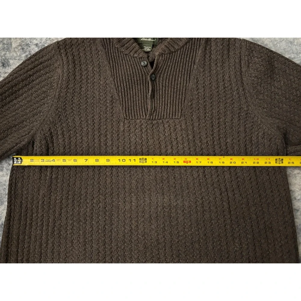 Vtg Eddie Bauer Fisherman Henley Sweater‎ Mens L Brown Chunky Cable Knit Cotton